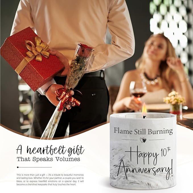10th Anniversary Candle - 10th Anniversary Present for Him, Her, Wife, Husband, 10 Year Aniversario Gifts for Men & Women, Couple - 6 Oz Porcelain Lavender Candle