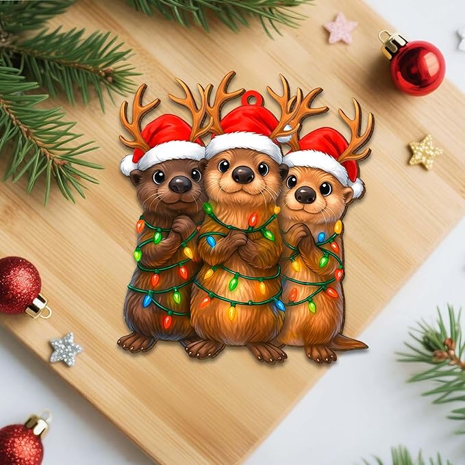 2 Side Printed Flat Christmas Wooden Ornaments, Animal Keepsake Hanging Tree Decoration, Funny Otter Ornament