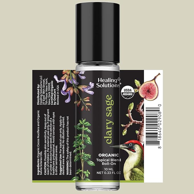 Healing Solutions (2 Pack) Clary Sage Essential Oil Roll-On Perfume - Organic for Skin, Body Oil Roller, Personal Care, Presents for Women - USDA Certified Clary Sage Roll On