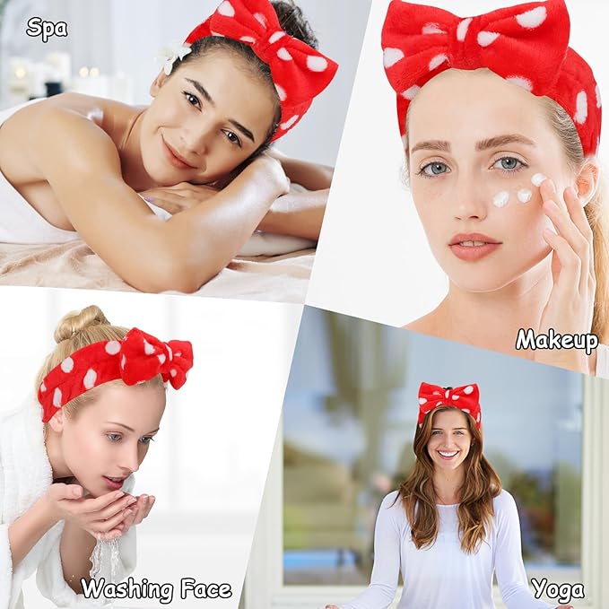Casoty 8 Pcs Red Spa Headbands, Microfiber Headbands, Soft Coral Fleece Headbands for Makeup, Bow Hair Band for Face Washing Shower Skin Care Yoga
