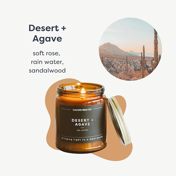 Calyan Wax Co. Soy Wax Candle, Desert + Agave Scented Candle, 57 Hour Burn Time, Aromatherapy Soy Candles, Non Toxic & Vegan Soy Wax, Amber Glass Jar Scented Candles, 7.2oz