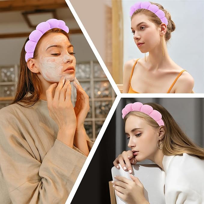 AMCAMI Puffy Spa Headband for Women Sponge Headbands for Girls 2 PCS Terry Towel Cloth Fabric Head Band for Skincare,Makeup Removal,Face Washing,Facial Mask,Shower,Hair Accessories(Purple&Light Pink)
