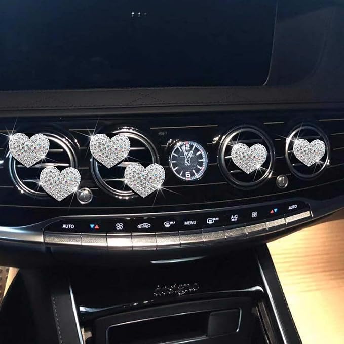 6 Pcs Heart-Shaped Crystal Diamond Air Vent Clip, Heart-Shaped Bling Charms Crystal Car Freshening Diffuser, Car Bling Interior Decorative Accessories for Women (White)