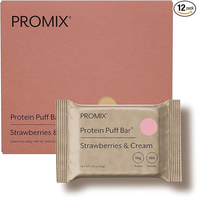 ProMix Nutrition Whey Protein Isolate Puff Bar, Low Carb Healthy Snack with Egg Whites - Grass Fed,Gluten Free, Low Sugar, Soy Free (Strawberries & Cream) - 12 Bars