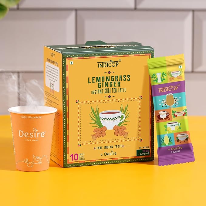 INDICUP Instant Chai Tea Latte Lemongrass Ginger Premix | True Indian Taste Tea Powder | Ready Mix Tea | 10 Single Serve Sachets | 220g (7.76 Ounce)