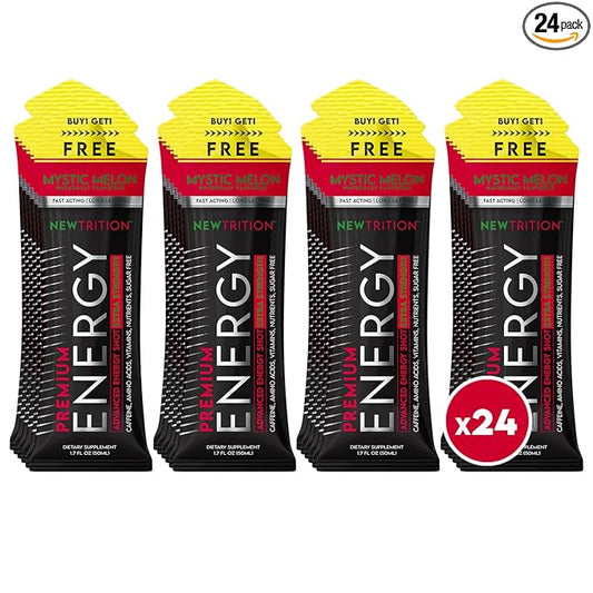NewTrition® Extra Strength Energy Shots, 250mg Caffeine Energy Shots with Vitamin B & Amino Acids, Sugar-Free Vitamin Energy Shot, 1.7 fl oz (Pack of 24, Mystic Melon)