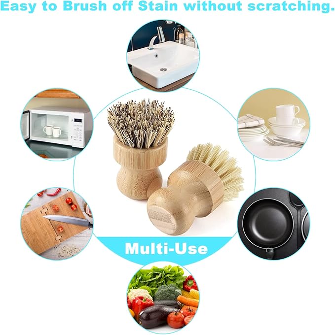 Bamboo Dish Brush Set, 4 Pcs Palm Wooden Dish Scrubber Brush, Dish Brushes, Durable Wood Dishes Scrub Brush, Natural Round Vegetable Cleaning Pots Pans Sink Washing Kitchen Brush by Aisuly