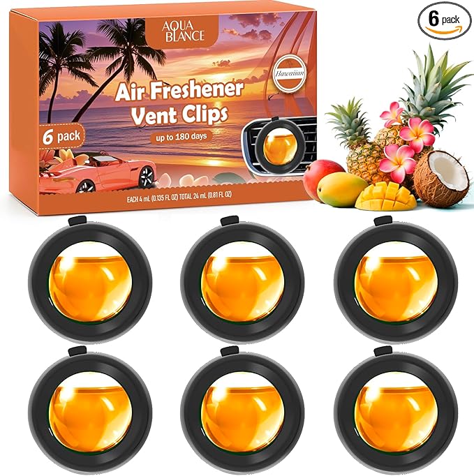 Car Air Freshener Vent Clips, Hawaiian Scent, 6 Pack, Long Lasting Scent Up to 180 Days, Car Fresheners for Women, Car Vent Clip for Men