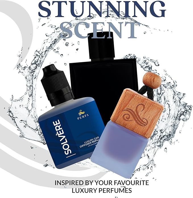 Solvère Gift Set with Refill Bottle | Automotive Air Fresheners with Solvère Fragrance | Strong Car Perfume | Odour Eliminating Car Air Fresheners by Perfa