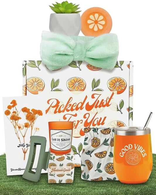 Sunny&Wise Orange Themed Gift Baskets for Women - Designed in USA - Care Package, Self Care Gifts, Get Well Soon, Thinking of You