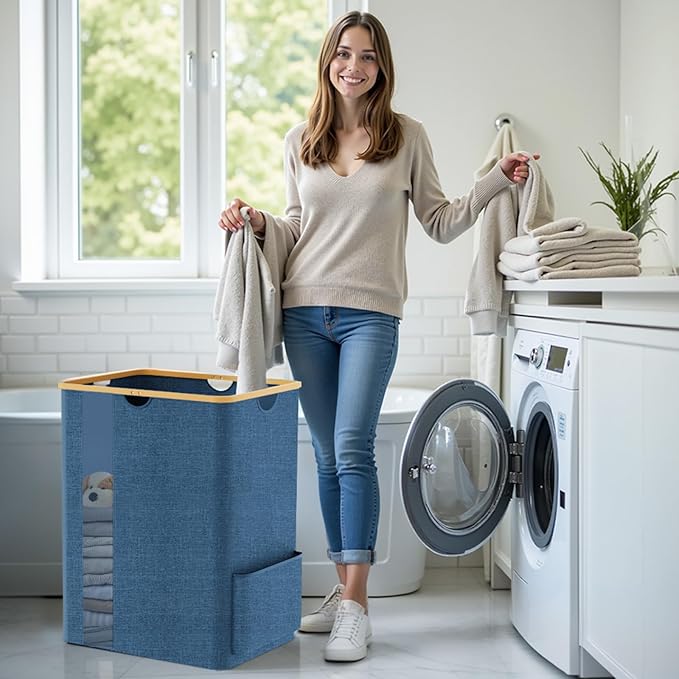Laundry Basket Clothes Hamper with Lid and Pocket Large Collapsible Laundry Baskets with Handle, Freestanding Hampers for Bedroom Aesthetic, Dorm, Bathroom, Laundry Room (150L,Light Blue)