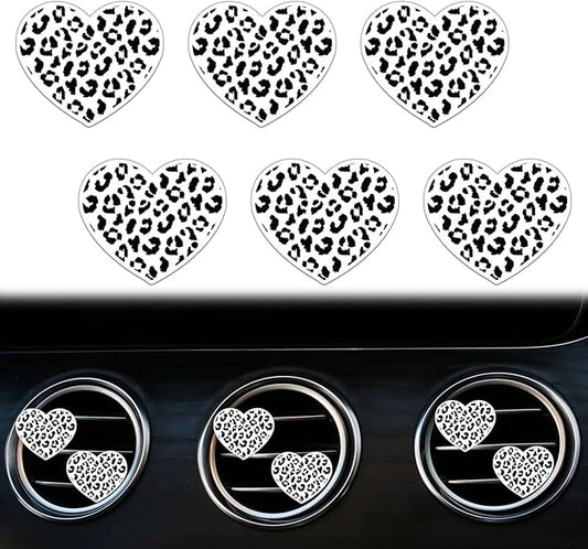 6 Pcs Heart Air Vent Clips, Cute Heart Car Air Fresheners Vents Clips Funny Cars Diffuser Vent Clips Cars Interior Decor Charm Cute Car Accessories,Decoration for Women Automotive (White Leopard)