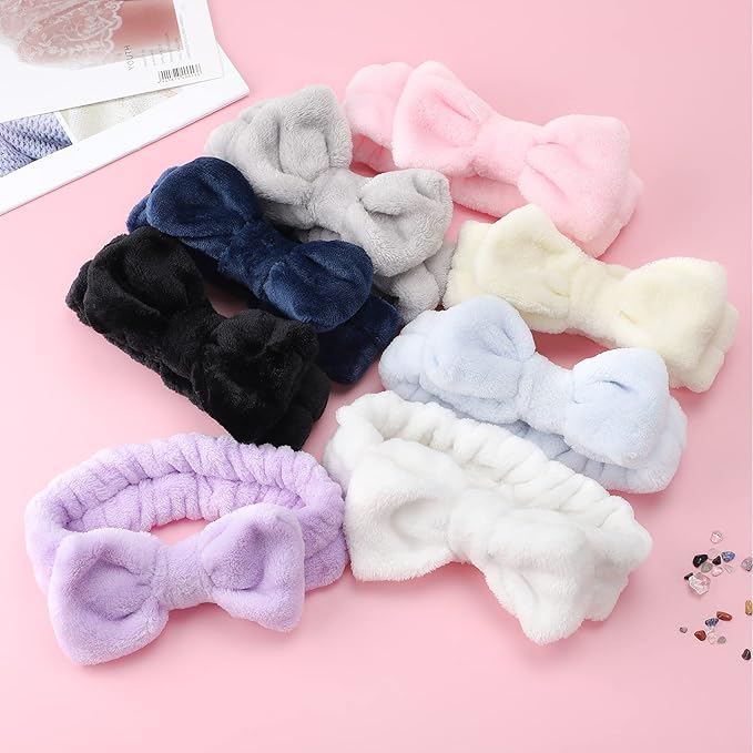 Face Headband 8Pcs Bow Hair Band Cute soft Facial Makeup Head Band for Face Washing Shower Skin Care Fluffy Spa Headband Coral Fleece Wraps for Woman Girl 8 Color Slumber Party Supplies