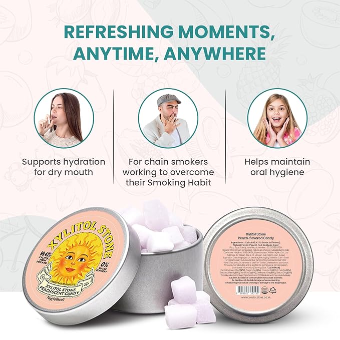 Xylitol Stone Sugar Free Candy - Vegan & Keto Friendly Unique Hard Candy - 100% Natural Flavor Candies - Gluten Free & Non-GMO Breath Freshener Low Calorie Mints - Pack of 1 (Peach)