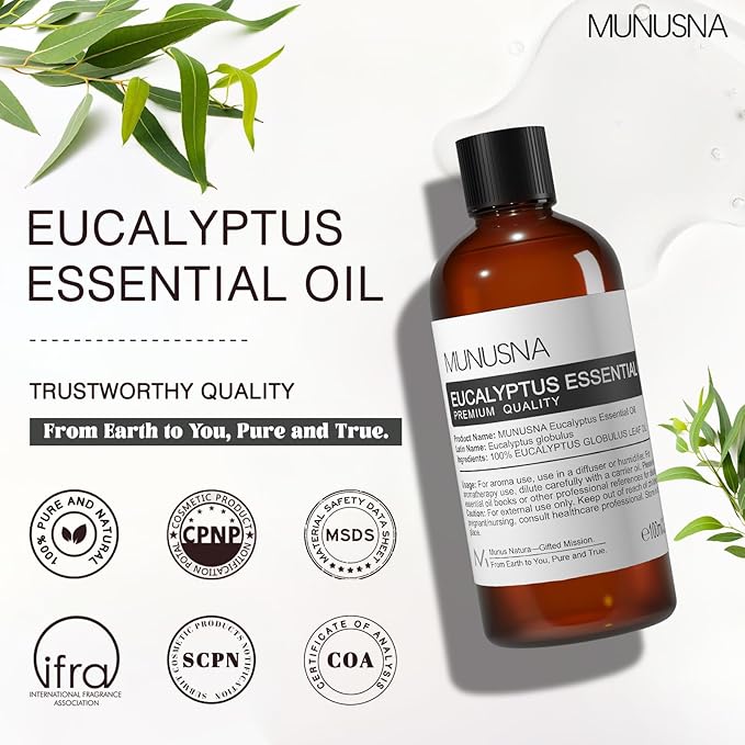 Eucalyptus Essential Oil, Premium Grade Pure Eucalyptus Oils 100ML, 100% Natural Aromatherapy Essential Oil for Shower, Hair, Skin, Diffuser, Massage, Candle, Soap, Bath Bombs Making