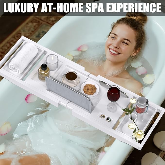 Bathtub Tray Caddy, Expandable Bath Trays for Tub, Bamboo Shelf & Table with Wine Glass Holder,Bathroom Accessories for New Home & Mothers Day & Birthday Gifts for Mom,White