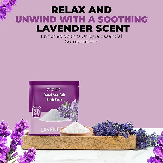 Aromasong Pure Dead Sea Salt 100% Natural Lavender Essential Oil – 2.5 oz. Spa Bath Salt Fine Grain- Christmas Stocking Stuffers for Adults, Kids, Women, and Mens soak Stocking Stuffers for Adults