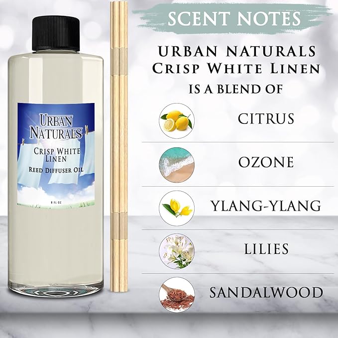 Urban Naturals Reed Diffuser Oil Refill Crisp White Linen with Fresh Linen, Clean Breeze, Soft Cotton 8 oz + Free Reed Sticks, Made in The USA