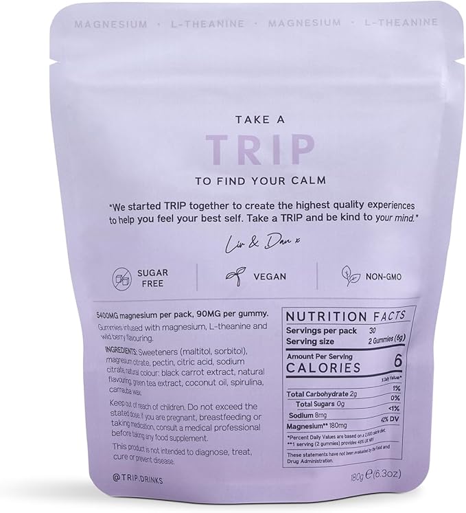 TRIP Magnesium Citrate Gummies Infused with L Theanine, Vegan, Sugar Free Magnesium Supplement for Adults, 180mg per Serving, On The Go Calming Gummy, Wild Berry Flavor, 1 Bag - 60 Count