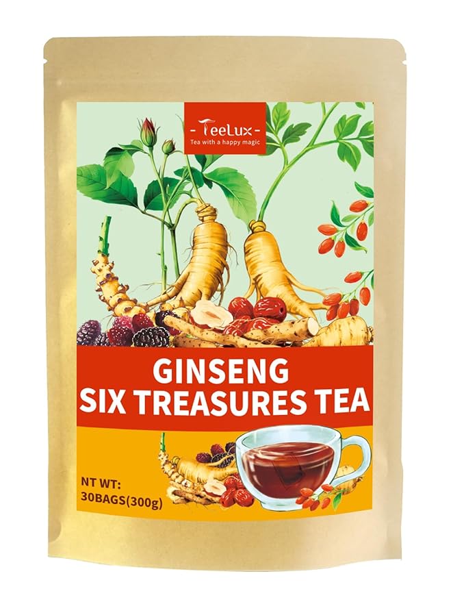 TeeLux Ginseng Six Treasures Tea, Traditional Chinese Herbal Tea Blend with Ginseng, Mulberry, Goji Berry, Yam, 30 Biodegradable Pyramid Bags, Caffeine-Free