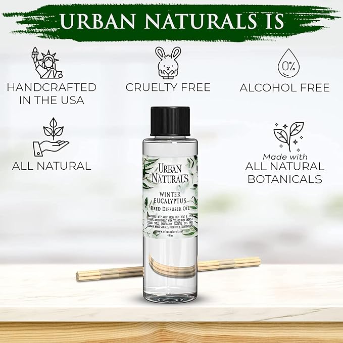 Urban Naturals Reed Diffuser Oil Refill Winter Eucalyptus, Crisp Eucalyptus, Mint, Spruce, Cedar, Essential Oils, 4 oz + Free Reed Sticks, Made in The USA