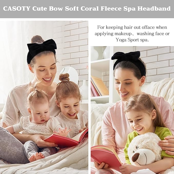 10 Pcs Black Face Wash Headbands, Spa Gifts for Women Girls, Soft Coral Fleece Skincare Headband, Bow Hair Bands, Beauty Headbands for Face Washing Shower Skin Care Yoga