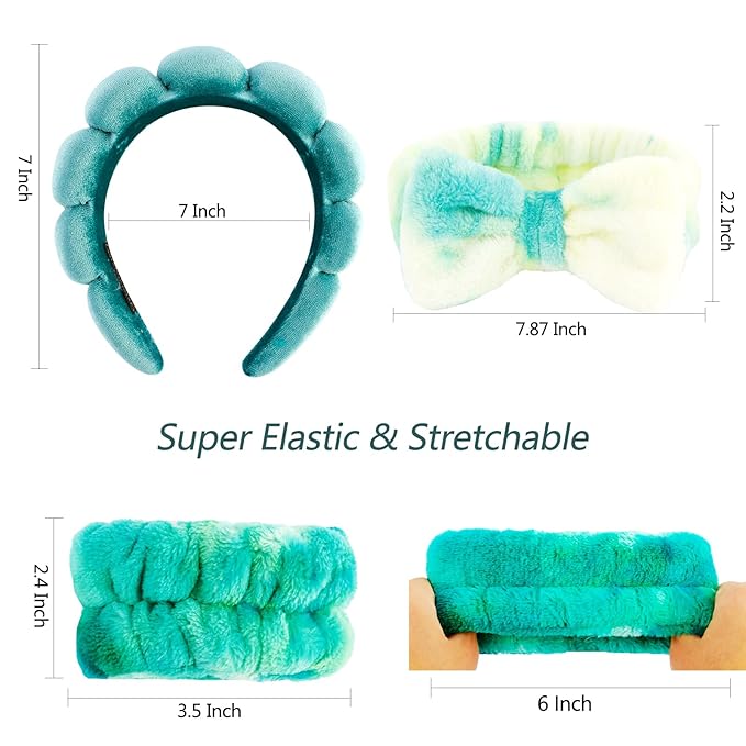 VELSCRUN Spa Headband, Makeup Face Wash Skincare Headbands, 6 Pcs Green Colorful Sponge Bow Tie Get Ready HairBand Facial Wristband Set, Stuff for Teen Girls Women Trendy Fashion Hair Accessories
