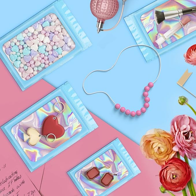 100 Pieces Smell Proof Mylar Bags, Holographic Packaging Bags, Resealable Odor Foil Pouch Zipper Bag with Clear Window for Food Storage and Lipgloss, Jewelry Lash (Blue, 4 x 6 Inch)