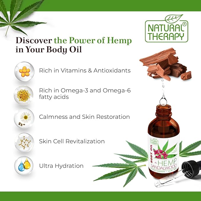 Natural Therapy Hemp & Sandalwood Body Oil – Moisturizing Body Oil – Hydrate & Soften Skin – Increase Skin Elasticity and Provide Anti-Aging Support (4 Fl.Oz)