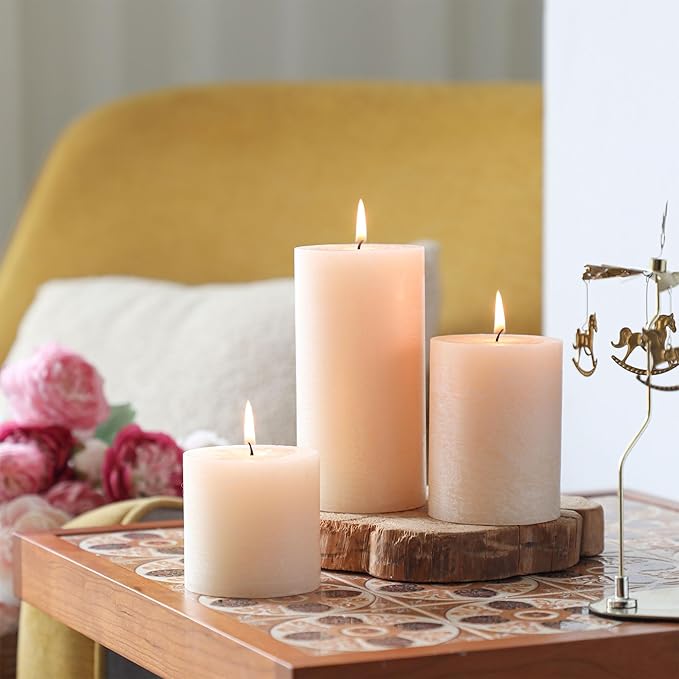 3x4 Inch Ivory Pillar Candles Set of 3 - Hand-Poured Unscented Candles, Long Clean Burning, Large Big Candle, Smokeless Dripless Candle for Dinner Table, Wedding, Home, Bathroom, Rustic Decor