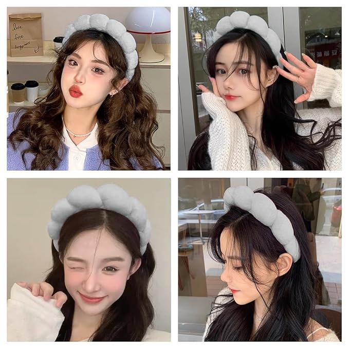 Spa Headbands for Washing Face or Makeup, Sponge Bubble Skincare Headbands, Puffy Terry Cloth Hairband for Women, Skin Care Makeup Headwear Hair Accessories for Girls(Gray)