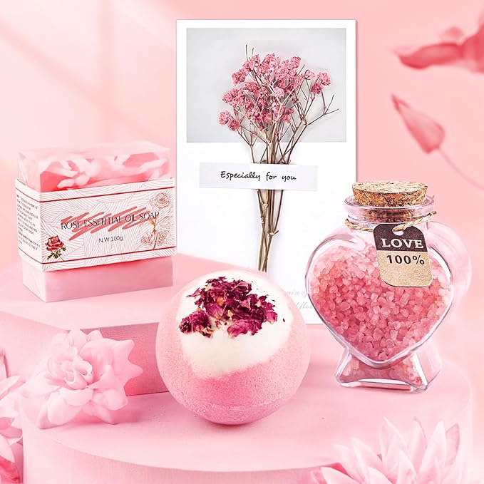 Birthday Gifts for Women Self Care Gifts Get Well Soon Gifts, Rose Relaxation Spa Gift Basket Sets with Luxury Flannel Blanket, Unique Mothers Day Mom Gifts Basket for Mom Wife Grandma Sister Friend