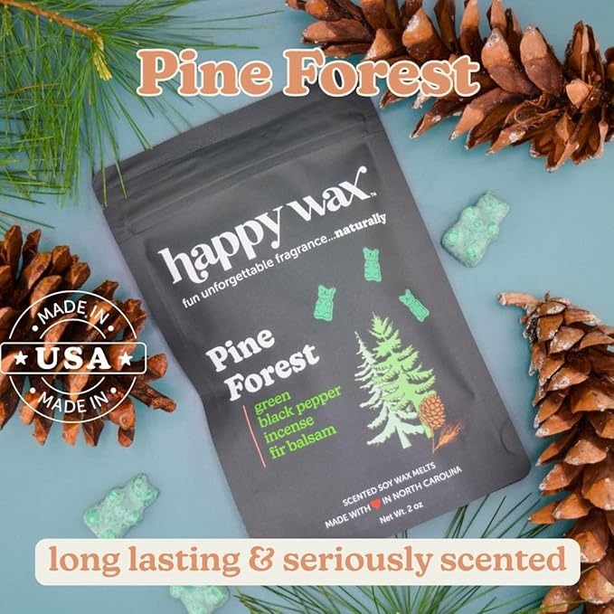 Happy Wax Pine Forest Scented Bear Wax Melts - Natural Strong Winter Scented Wax Melts Infused w/Essential Oils - Non Toxic Wax Melt. Scented Soy Wax Melts for Warmers (8 oz Pouch)