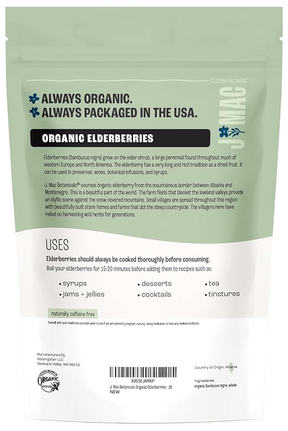 J MAC BOTANICALS Certified USDA - 100% Organic Dried Elderberries - 2lb Bulk - Non-Irradiated, Non-GMO, Whole Black Elderberry Immune Support - Raw Vegan Sambucus 2 Pack