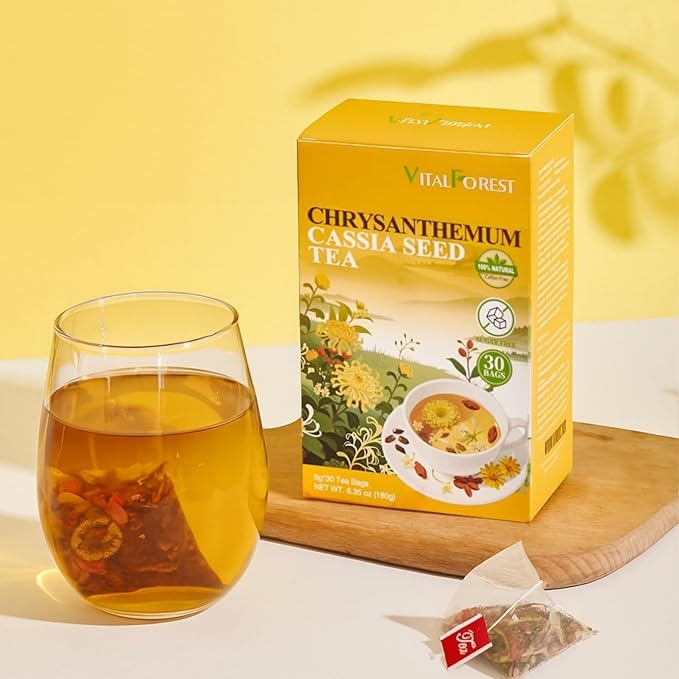 Chrysanthemum Cassia Seed Tea Bags - 6g × 30 Bags, VitalForest Liver Detox Herbal Tea with Burdock Root, Goji Berries, Osmanthus, Honeysuckle – Goji Berry Chrysanthemum Tea for Liver & Kidney Health