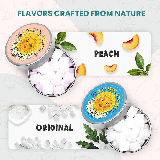 Xylitol Stone Sugar Free Candy - Vegan & Keto Friendly Unique Hard Candy - 100% Natural Flavor Candies - Gluten Free & Non-GMO Breath Freshener Low Calorie Mints - Pack of 2 (Original, Peach)