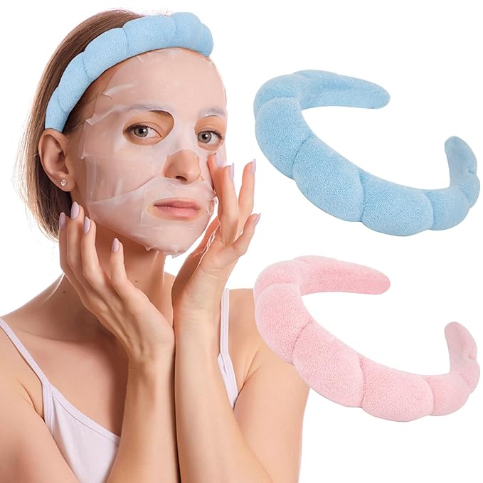 AMCAMI 2PCS Mimi and Co Spa Headband for Women Sponge Headbands for Girls Terry Towel Cloth Fabric Head Band for Face Washing, Skincare, Makeup Removal, Shower, Hair Accessories (Pink&Blue)