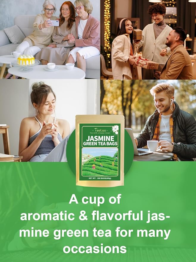 TeeLux Jasmine Green Tea Bags, Natural Caffeinated Jasmine Scented Green Tea with Pleasant Aroma, Smooth Taste, 200 Count