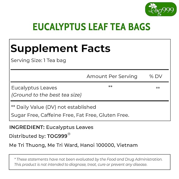 TOG999, Premium 100 Eucalyptus Leaf Tea Bags, 100% Natural & Pure. Loose Leaf Herbal Tea. No Sugar, No Caffeine, No Gluten, Vegan.