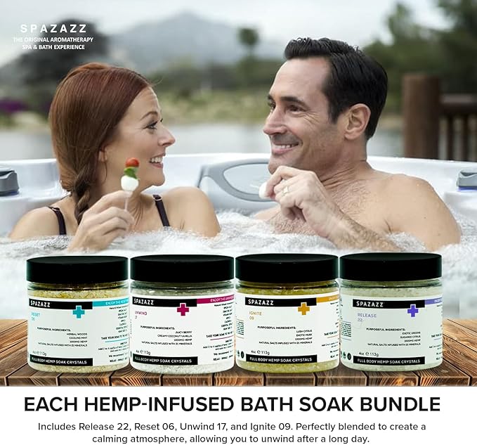 Spazazz Hot Tub Aromatherapy Full Body Hemp Soak Collection Sampler Pack - 4oz 1000 mg Hemp Spa Aromatherapy Hot Tub Bath Salt Crystals 4 Pack: Release 22, Reset 06, Unwind 17, Ignite 09