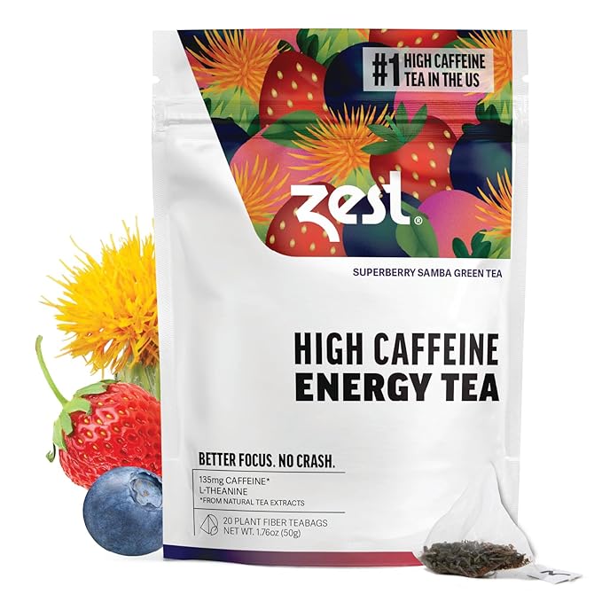 Zest Energy Green Tea - Superberry Samba - High Caffeine Strawberry, Acai, & Passion Fruit Tea - Caffeinated Coffee Altnernative with Antioxidants - Natural, Non-GMO & Keto - 20Ct Pack - 135mg Caf