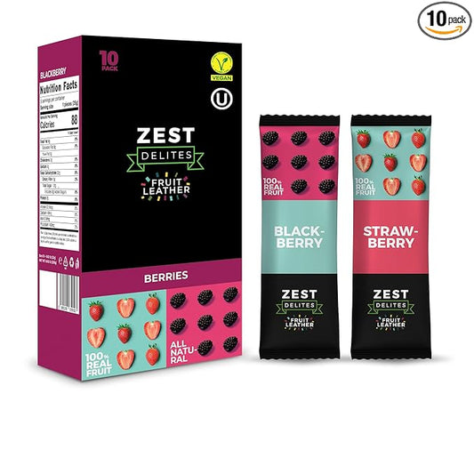 Dried Fruit Bars by Zest Delites, Fruit Leather, Healthy Snacks Pack for Adults & Kids, Lavashak, Vegan, Apple-Based Strips, Blackberry, Strawberry, 0.88 oz x 10