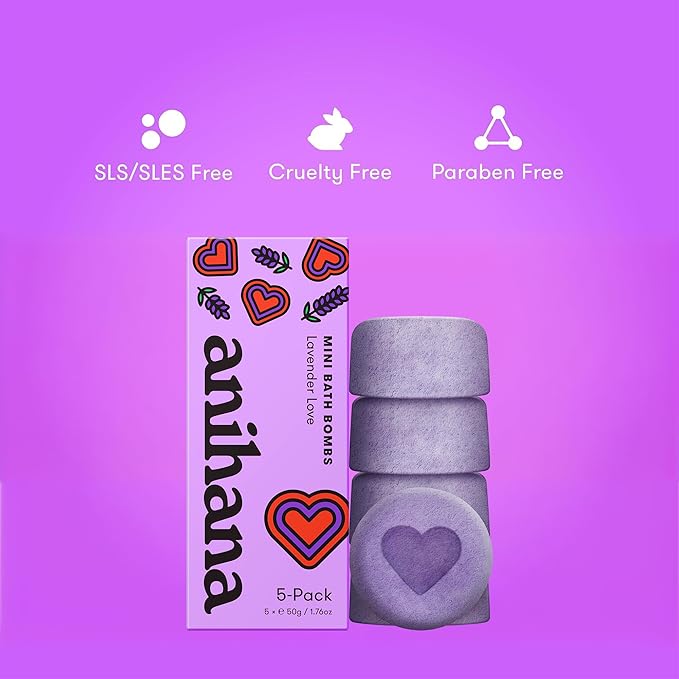 ANIHANA Mini Bath Bombs with Coconut Oil, Paraben Free, Hand-Crafted Luxury Fizzers, Refreshing Lavender Love Scent, 1.76 oz Each, 5 Pack