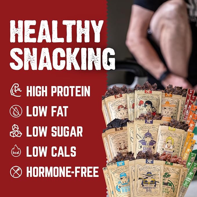 Righteous Felon Beef Jerky and Meat Sticks Variety Pack, High Protein, Low Carb, Low Sugar, Gluten Free, Healthy Snacks for Adults and Kids, Made with Premium Meats, Gifts for Men (Noah's Ark 26 Pack)