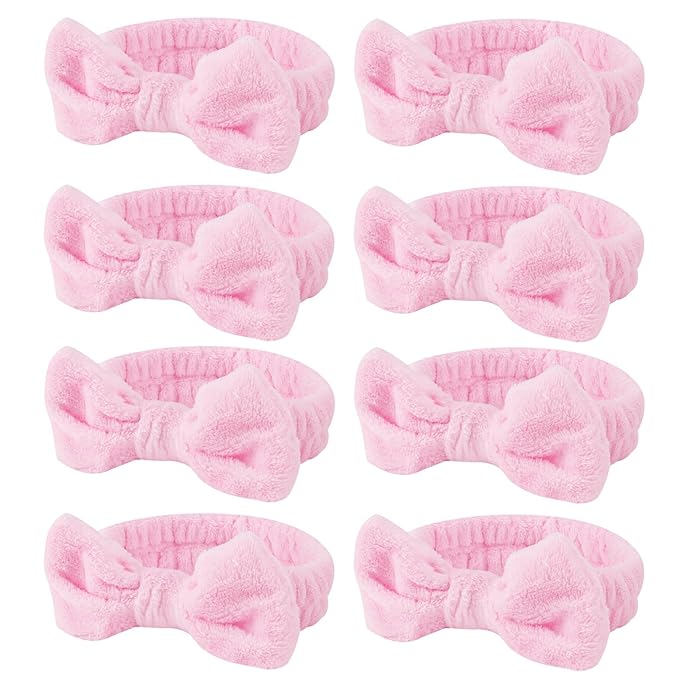 Casoty 8 Pcs Pink Spa Headbands, Soft Coral Fleece Hair Bow Headband for Washing Face, Makeup, Skincare, Yoga, Hair Accessory for Women, Girls, Adults, Gift