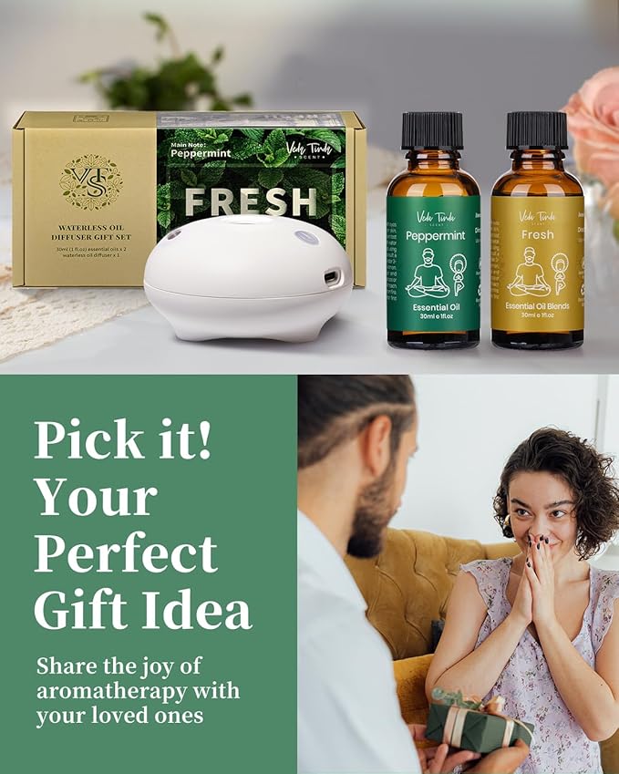 VTS Waterless Diffuser Starter Kit, Small Scent Air Machine for Home Bathroom Kitchen, Aromatherapy Gift Set (1 Fl Oz Peppermint Oil & 1 Fl Oz Fresh Scent Oil Blend & Portable Diffuser)