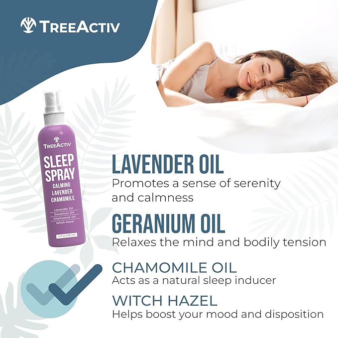 TreeActiv Sleep Spray, Calming Lavender Chamomile, Soothing Witch Hazel & Lavender Pillow Spray Air Freshener for Room, Bed, Fabric, Pillows & Linen Mist for Sleeping & Relaxation, 1000+ Sprays