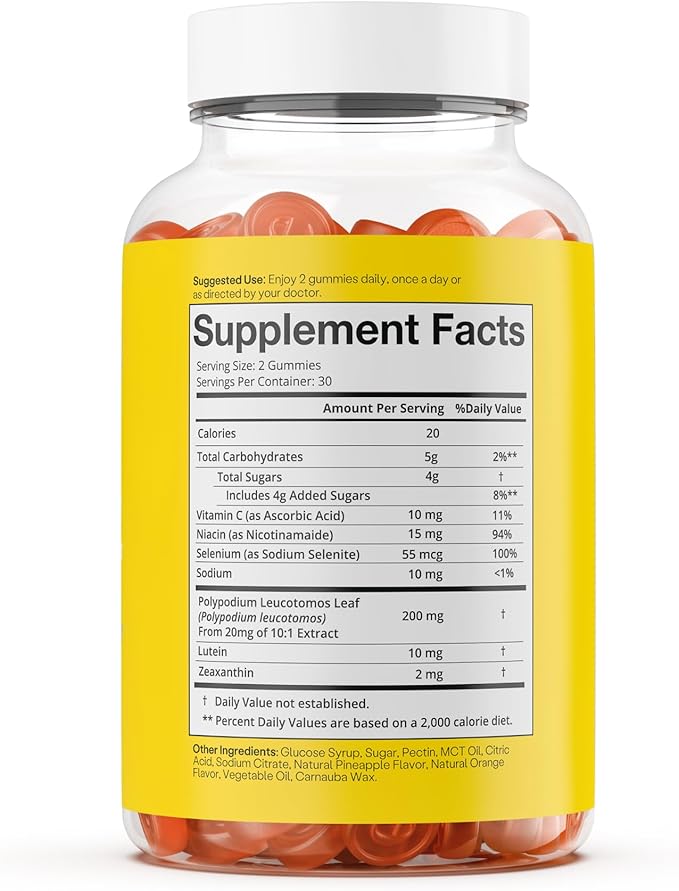 Embody Antioxidant Sun Gummy, Orange Pineapple Flavor, Fern Extract Supplement for Anti-Aging, Dark Spots, Healthy Skin - Promotes Collagen Production, Vitamin C, Selenium (60 Count, Orange Pineapple)