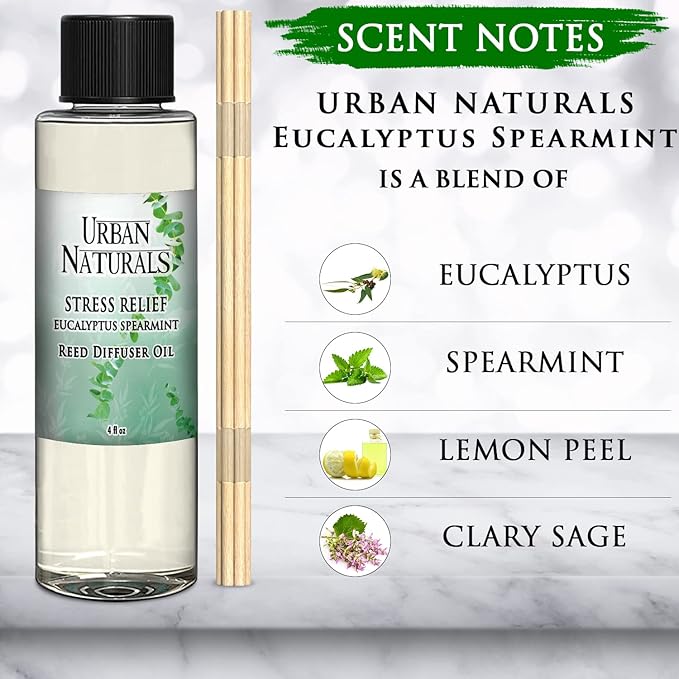 Urban Naturals Stress Relief Eucalyptus Spearmint Reed Diffuser Oil Refill | Fill Your own DIY Diffuser Bottle! Includes Replacement Reed Sticks