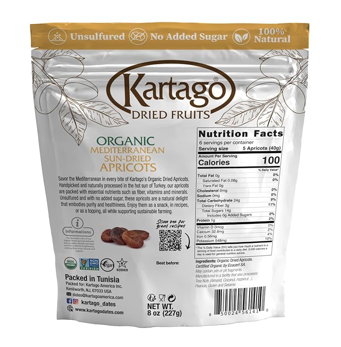 Kartago Organic Dried Apricots - Unsulfured Mediterranean Sun Dried Apricots - Vegan, Kosher, Gluten Free, No Added Sugar - Healthy Natural Vegan Snacks - 8oz (2-pack)
